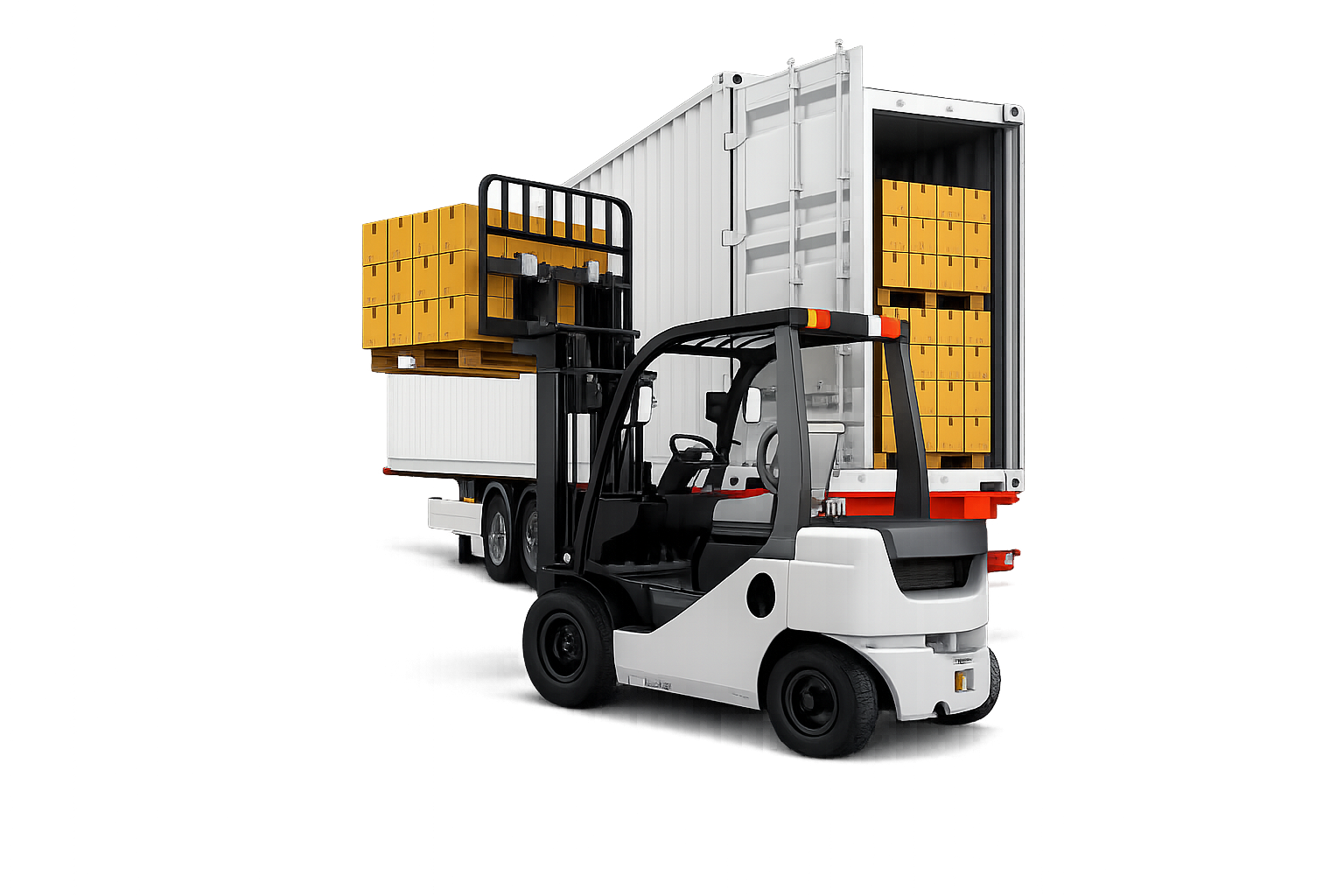 Forklift loading container onto flatbed truck
